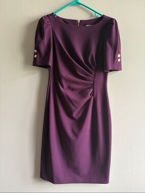 DKNY Plum Ruched Sheath Dress with Gold Buttons